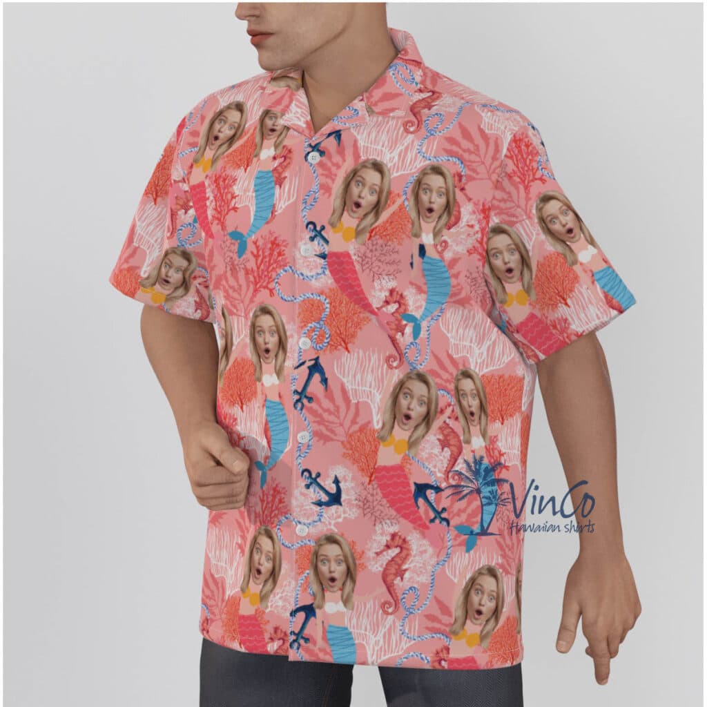 Funny Custom Face Mermaid Pink Hawaiian Shirt