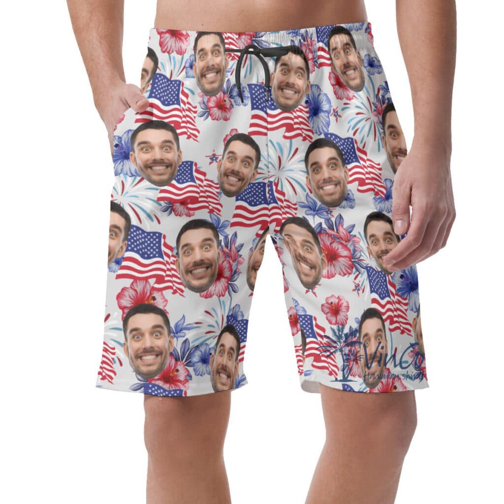 Funny Custom Face Patriotic Hawaiian Beach Shorts For Men