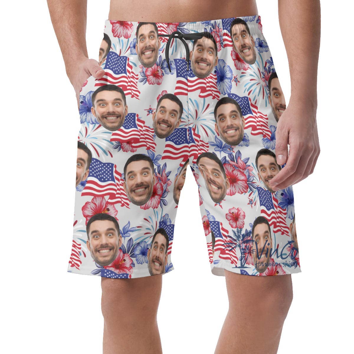 Funny Custom Face Patriotic Hawaiian Beach Shorts For Men