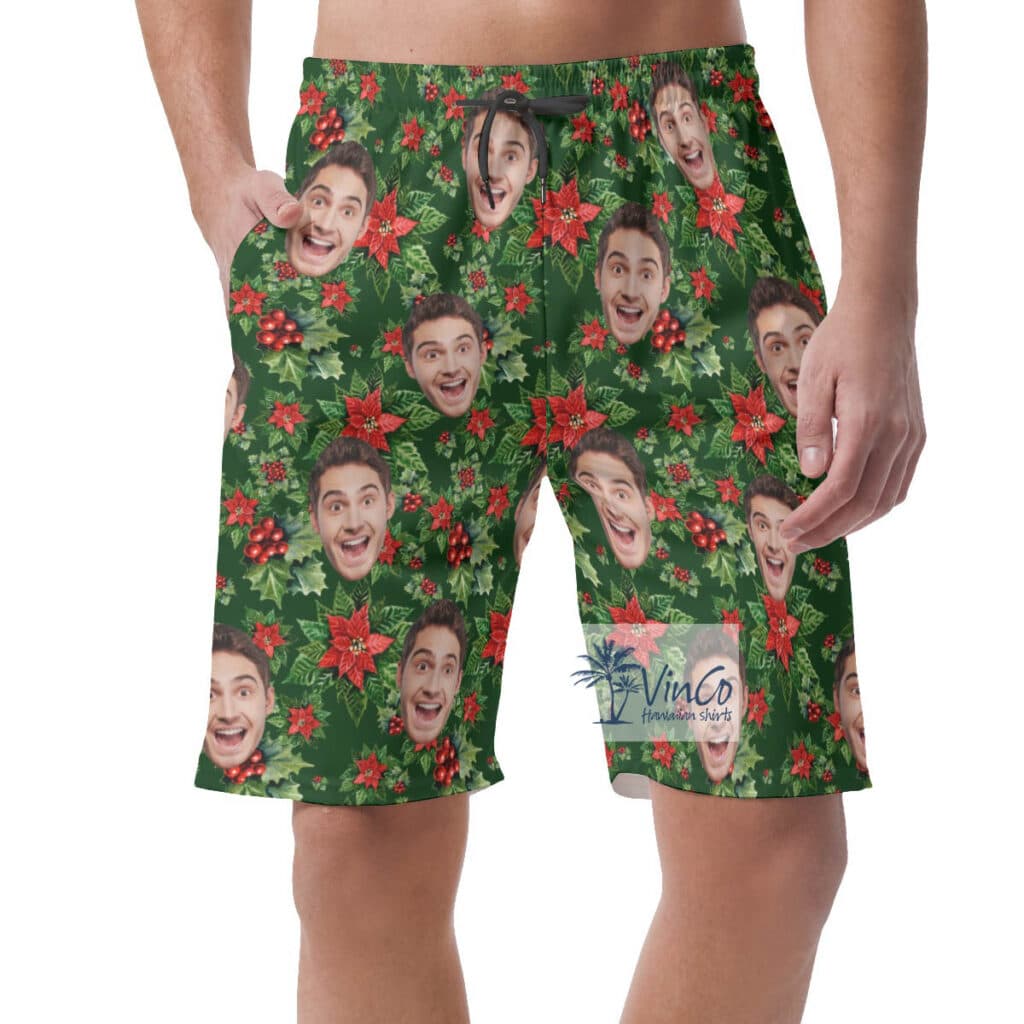 Funny Custom Face Poinsettia Christmas Hawaiian Beach Shorts For Men