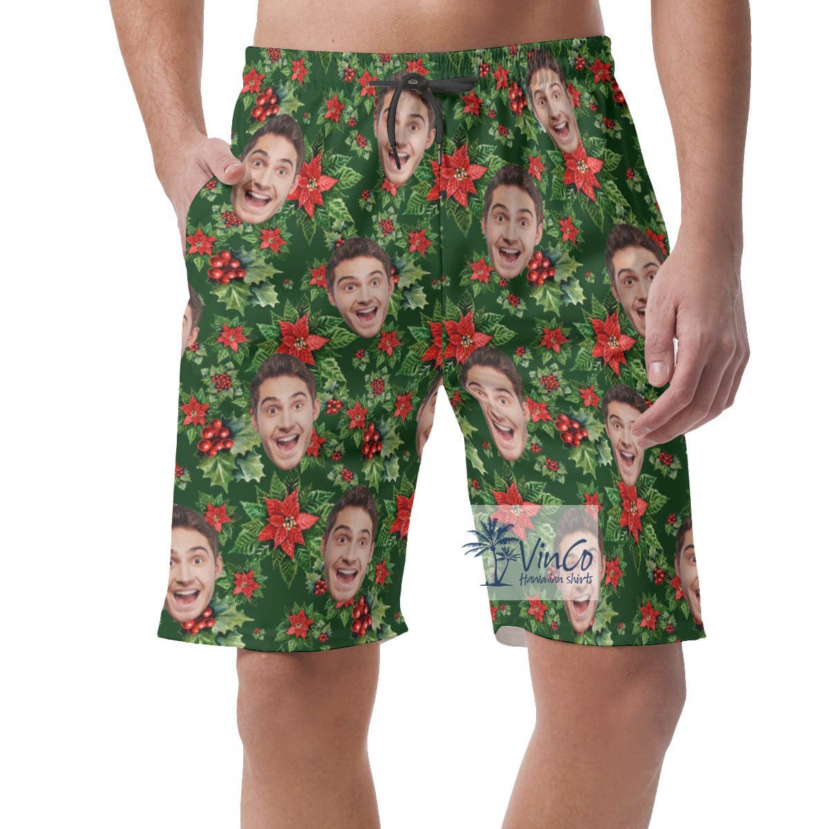 Funny Custom Face Poinsettia Christmas Hawaiian Beach Shorts For Men