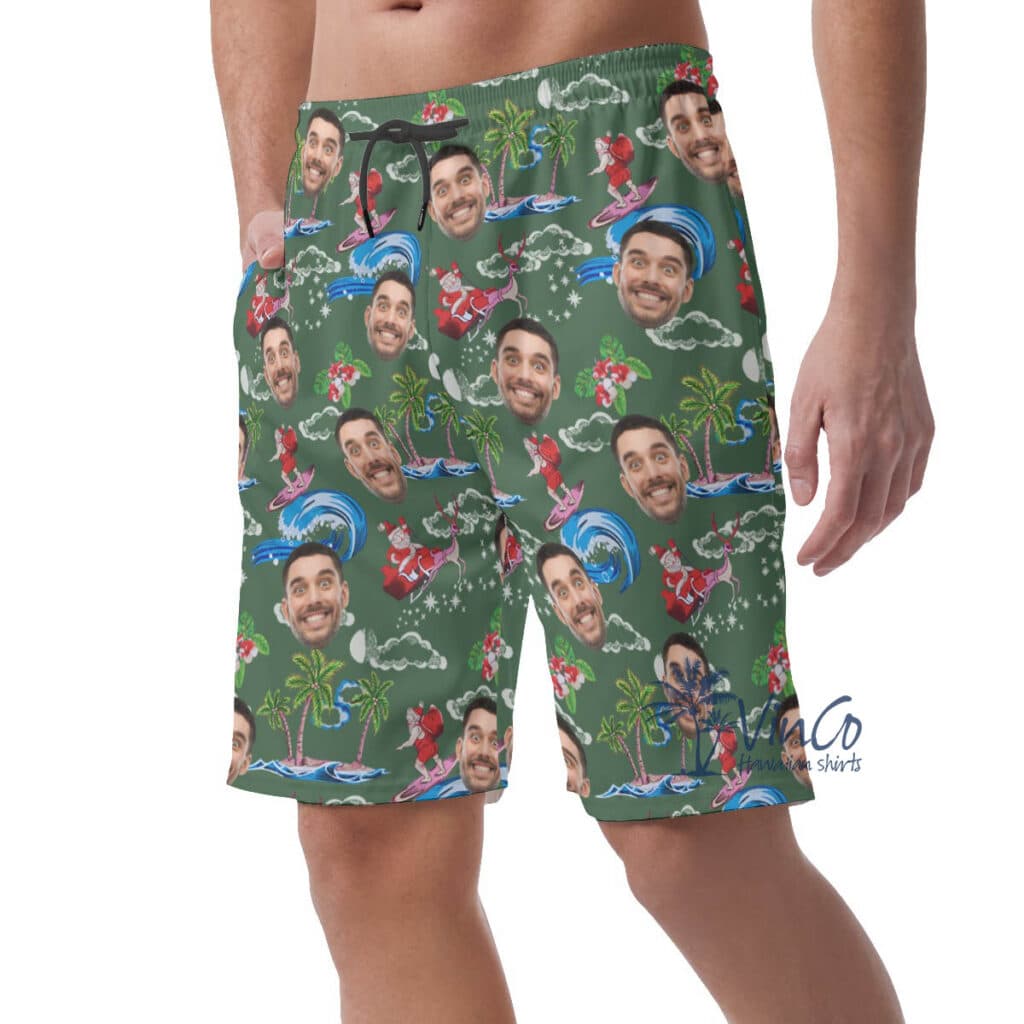 Funny Custom Face Santa Christmas Green Hawaiian Beach Shorts For Men