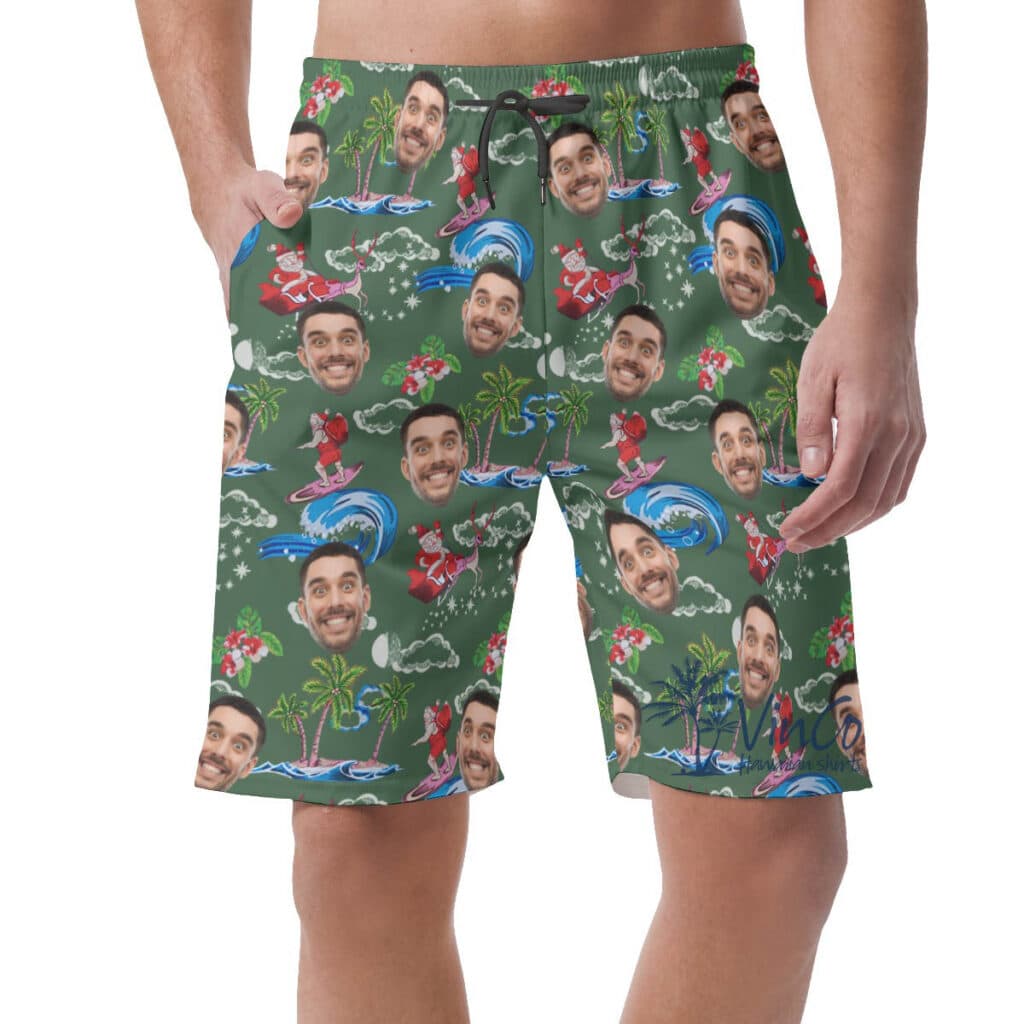 Funny Custom Face Santa Christmas Green Hawaiian Beach Shorts For Men