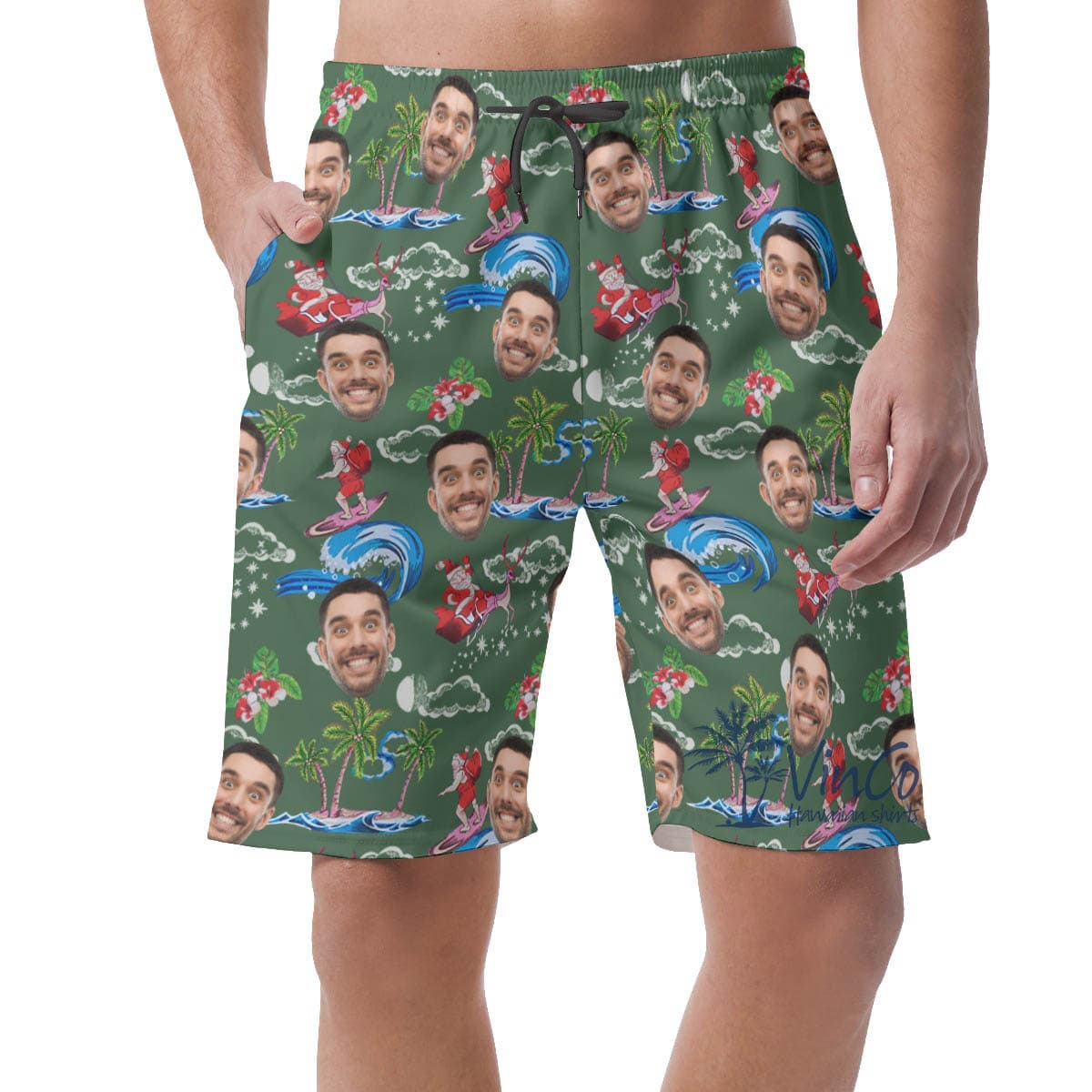 Funny Custom Face Santa Christmas Green Hawaiian Beach Shorts For Men