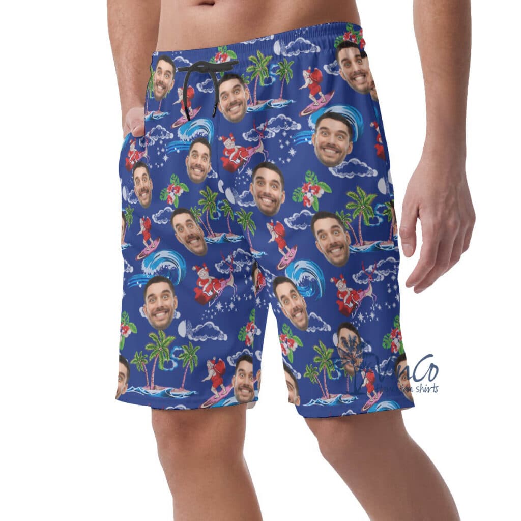 Funny Custom Face Santa Christmas Hawaiian Beach Shorts For Men