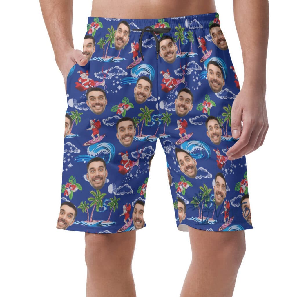 Funny Custom Face Santa Christmas Hawaiian Beach Shorts For Men