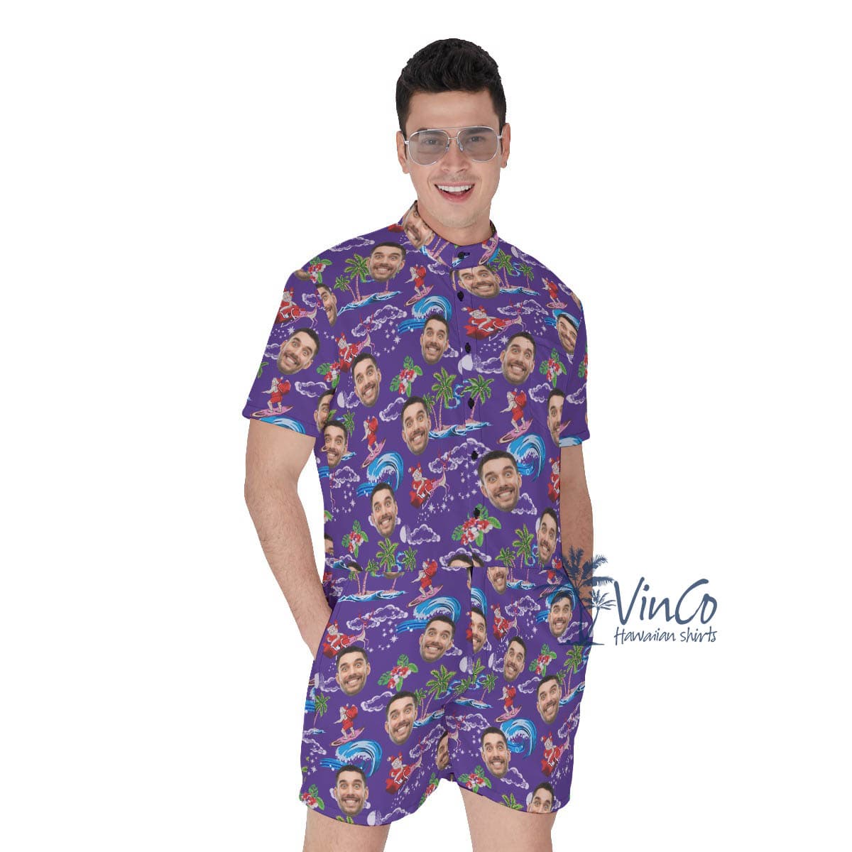 Funny Custom Face Santa Claus Christmas Hawaiian Romper For Men