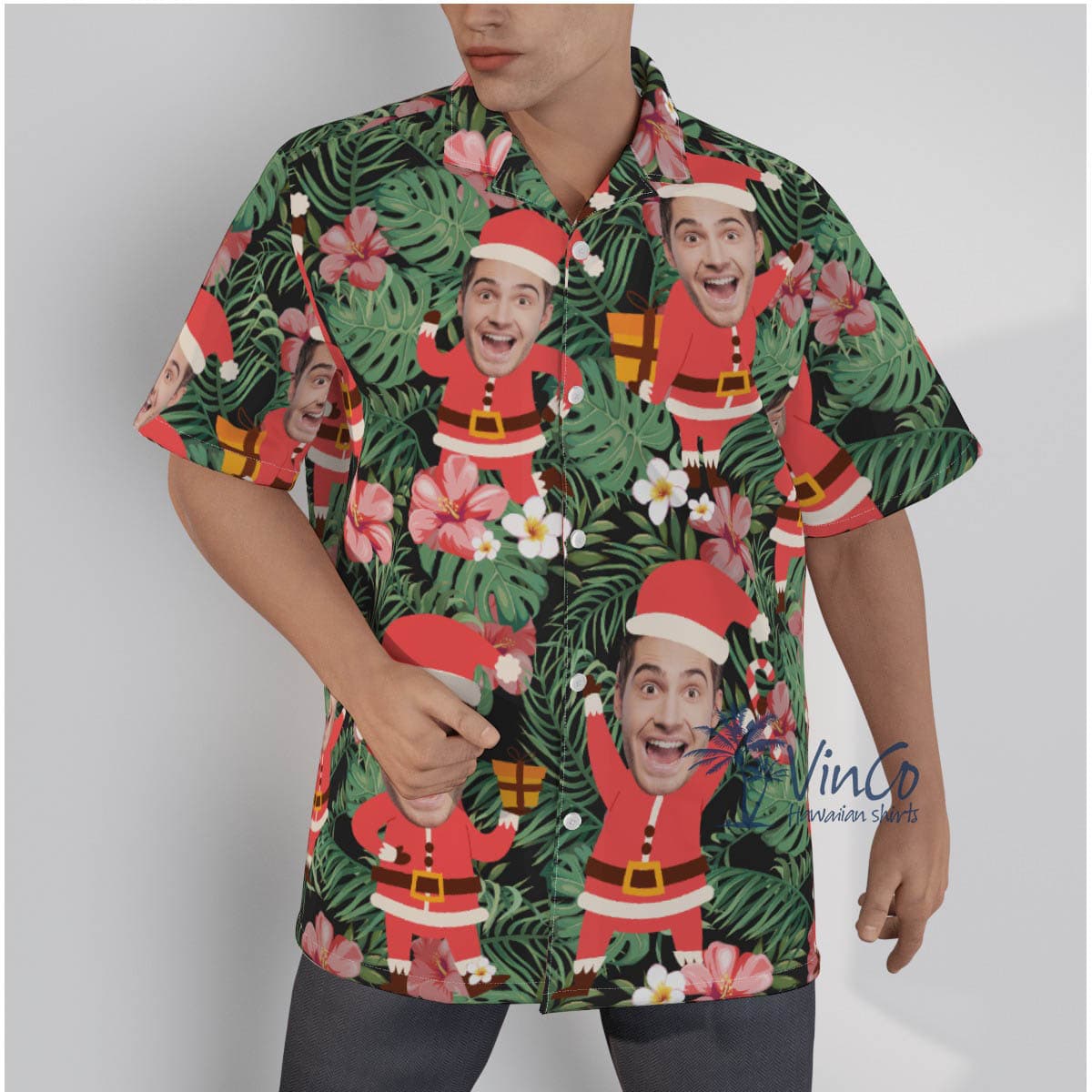 Funny Custom Face Santa Claus Floral Hawaiian Shirt