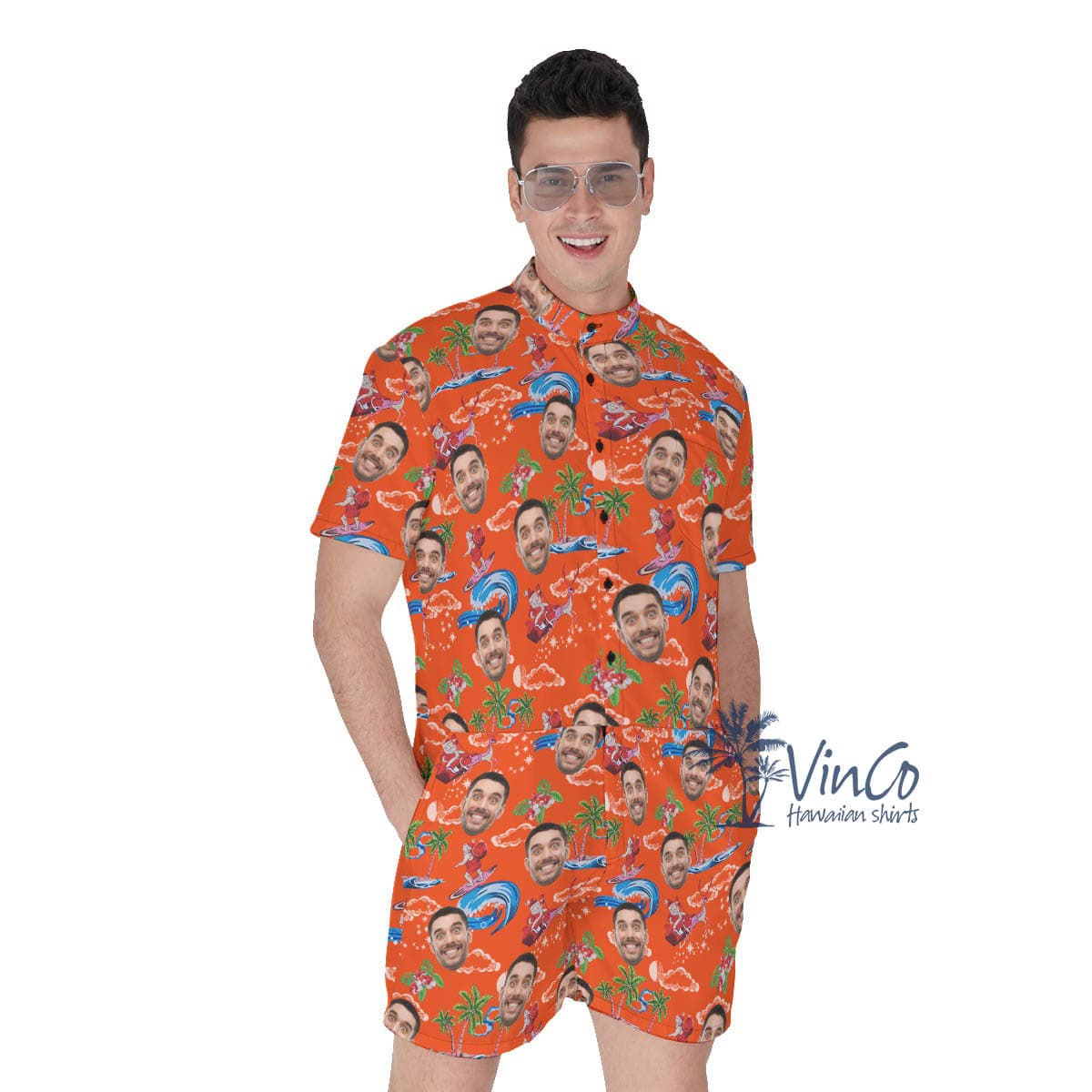 Funny Custom Face Santa Claus Men's Christmas Hawaiian Romper