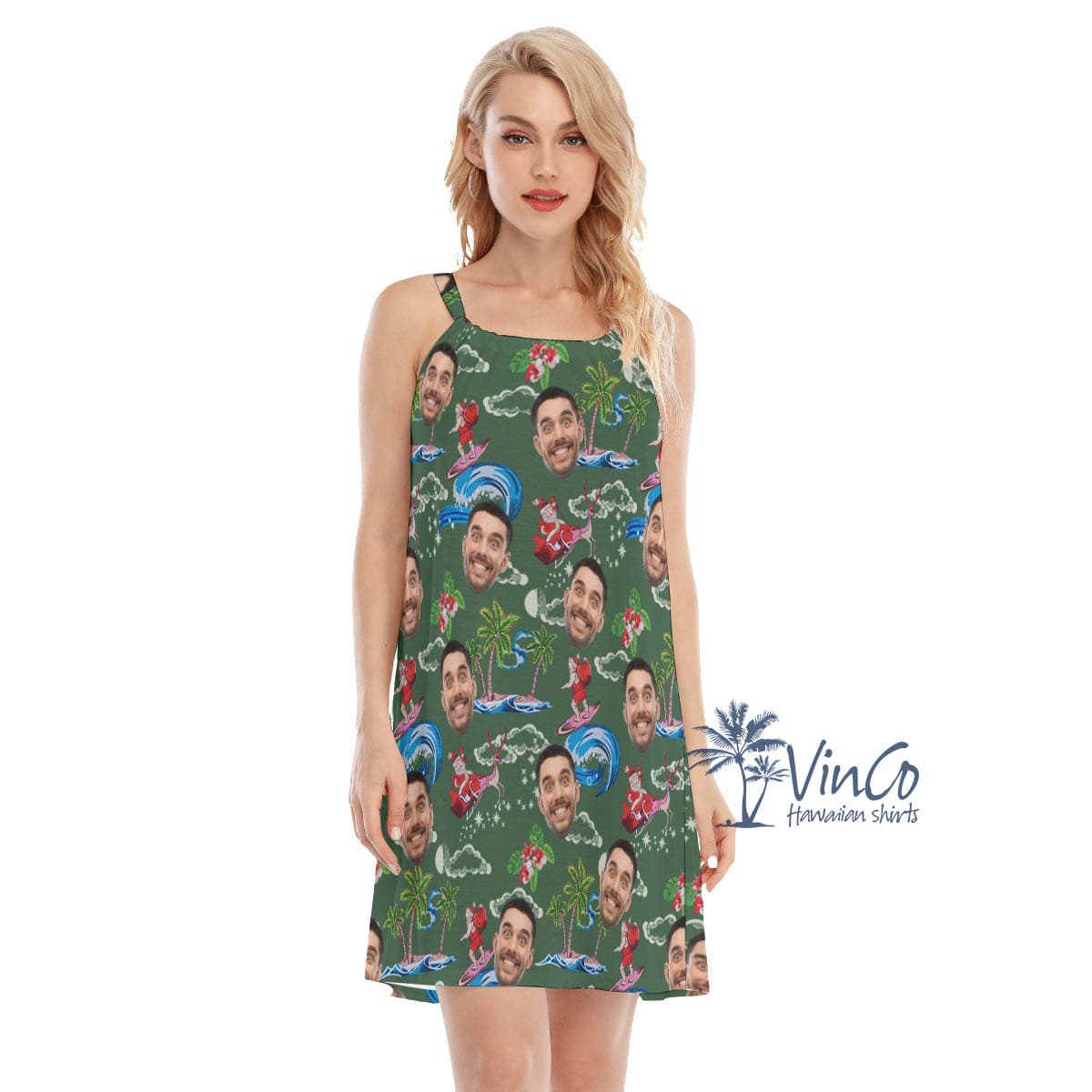 Funny Custom Face Santa Claus Surfing Green Hawaiian Shirt (4)