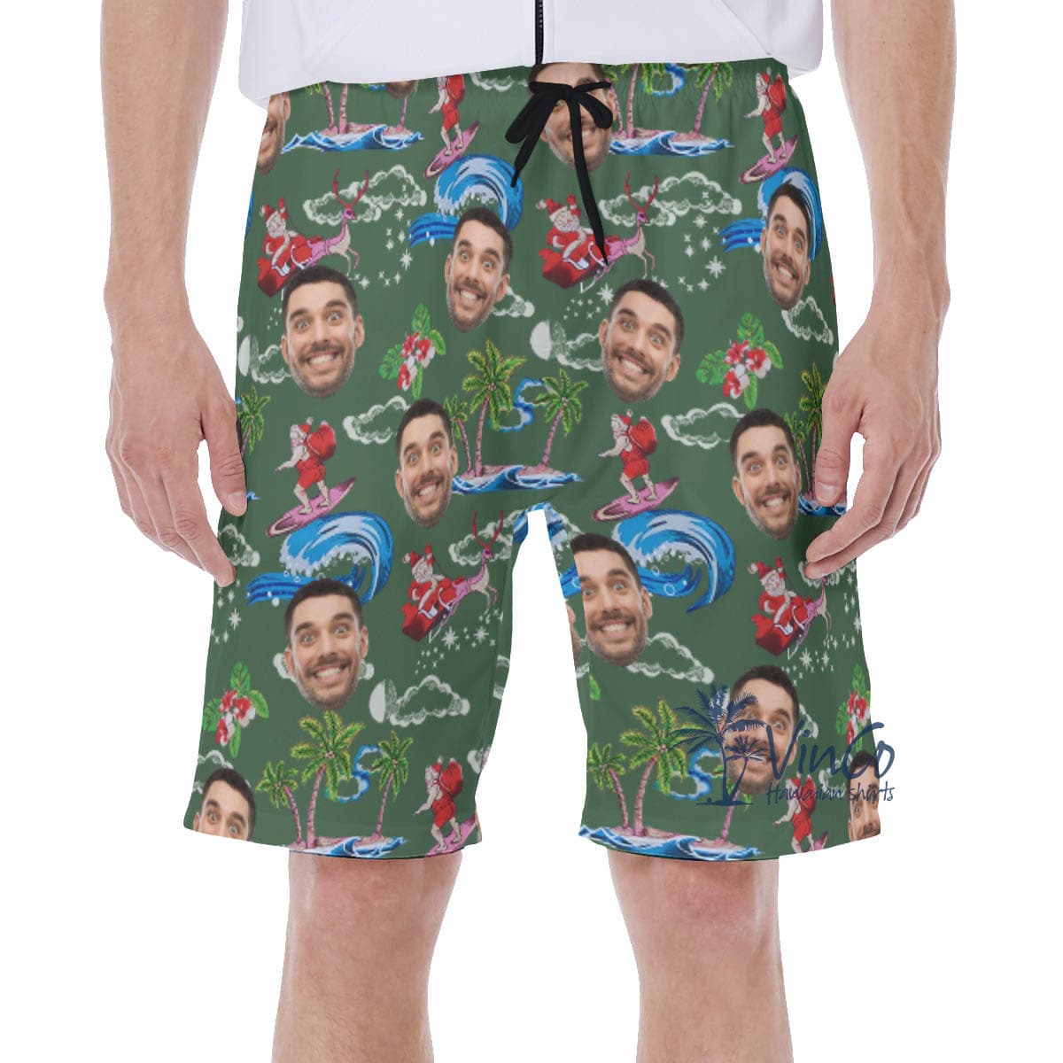 Funny Custom Face Santa Surfing Christmas Hawaiian Swim Trunks For Men