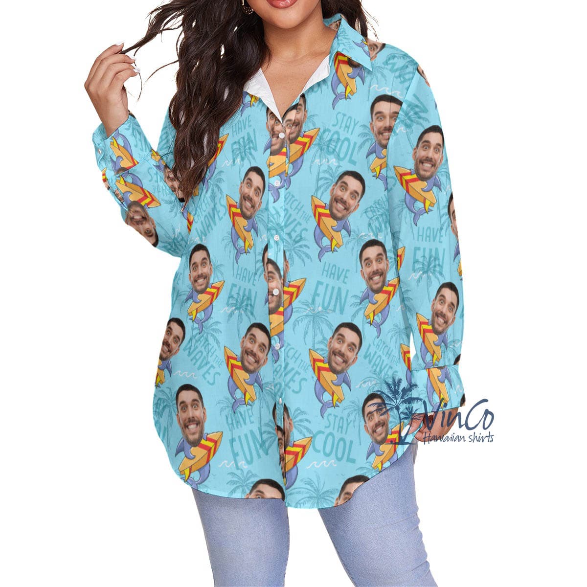 Funny Custom Face Shark Surfing Hawaiian Plus Shirt For Women (4)