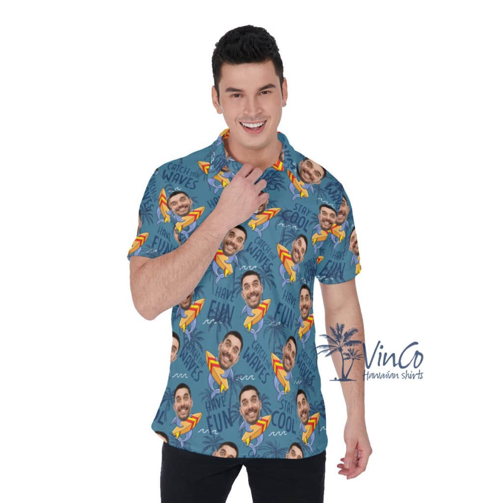 Funny Custom Face Shark Surfing Hawaiian Polo Shirt For Men