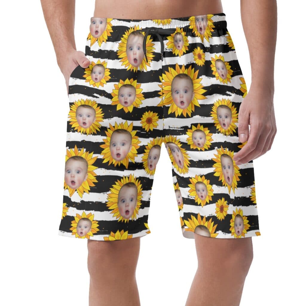 Funny Custom Face Sunflowers Hawaiian Beach Shorts For Men