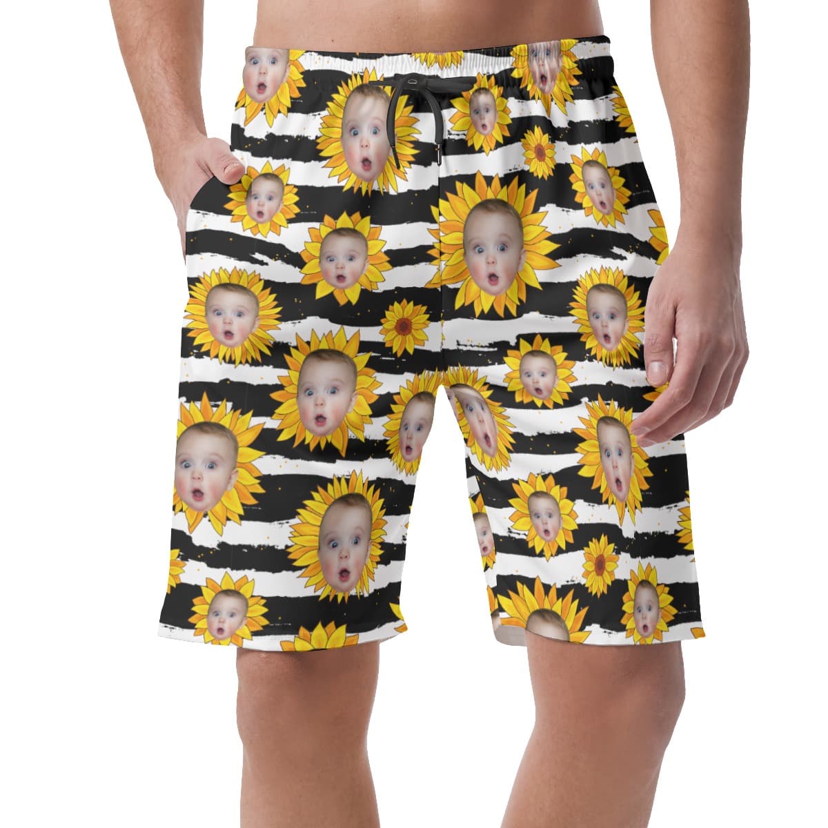 Funny Custom Face Sunflowers Hawaiian Beach Shorts For Men