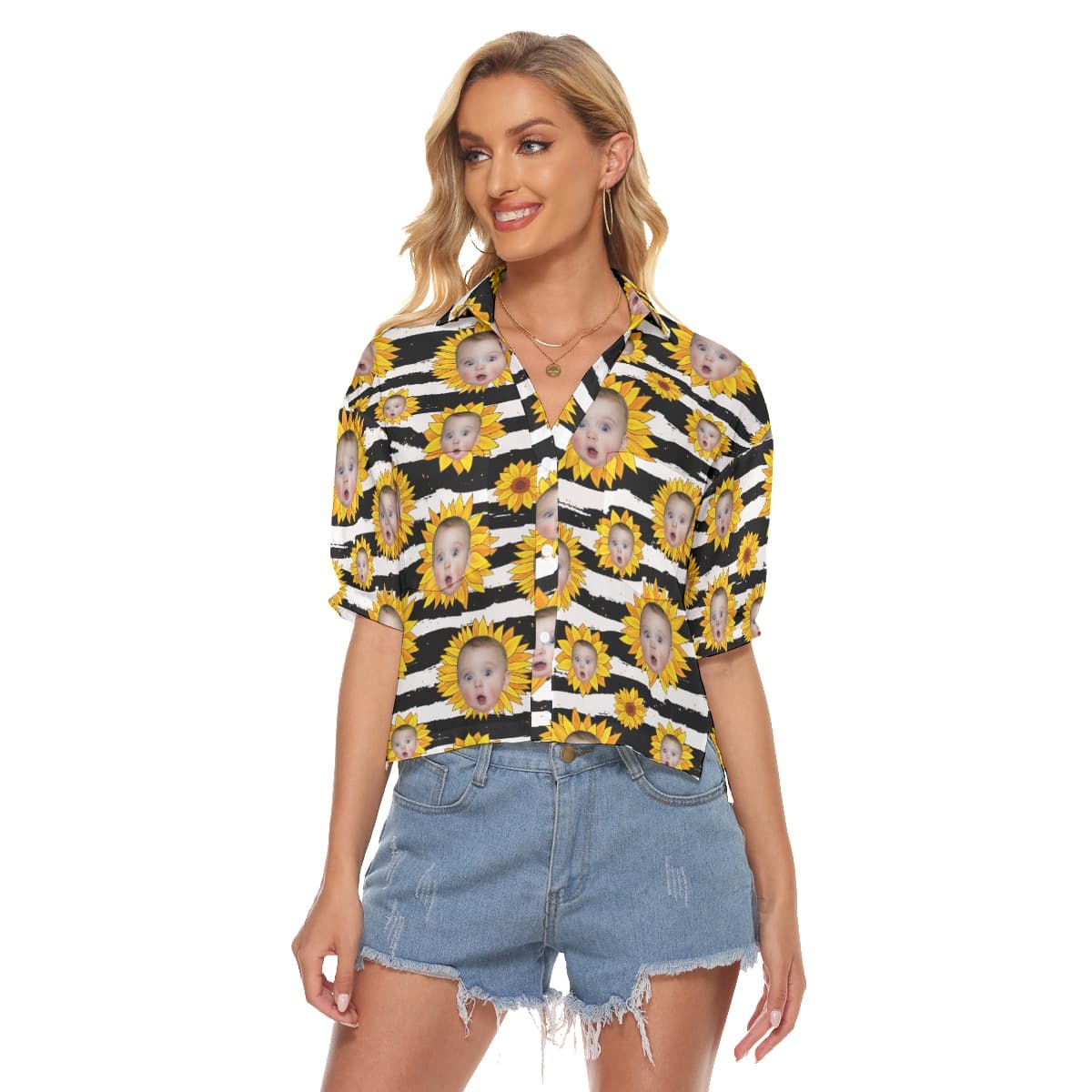 Funny Custom Face Sunflowers Hawaiian Cropped Shirt For Women