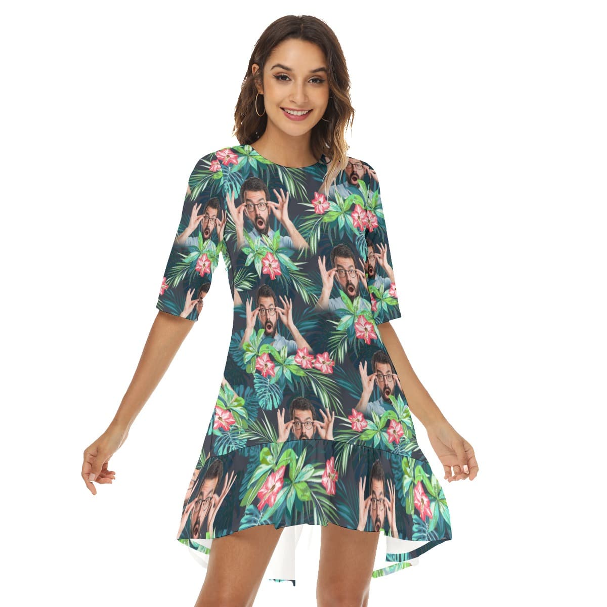 Funny Custom Face Tropical Flamingo Hawaiian Dress With Ruffle Hem