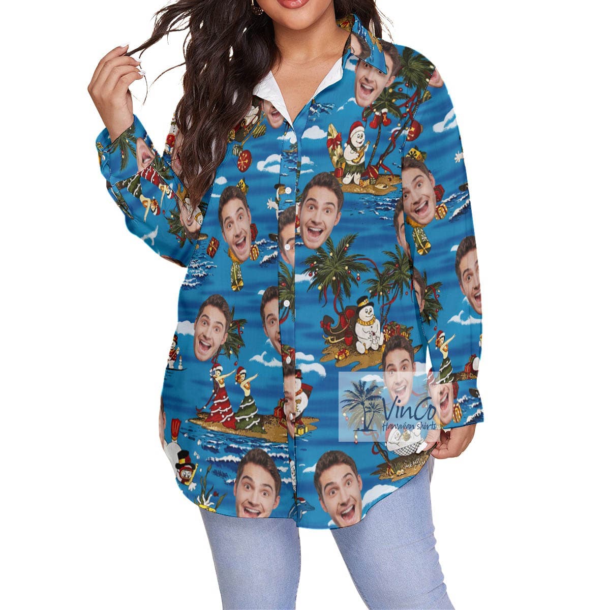 Funny Custom Face Tropical Snowman Christmas Hawaiian Plus Size Shirt For Women
