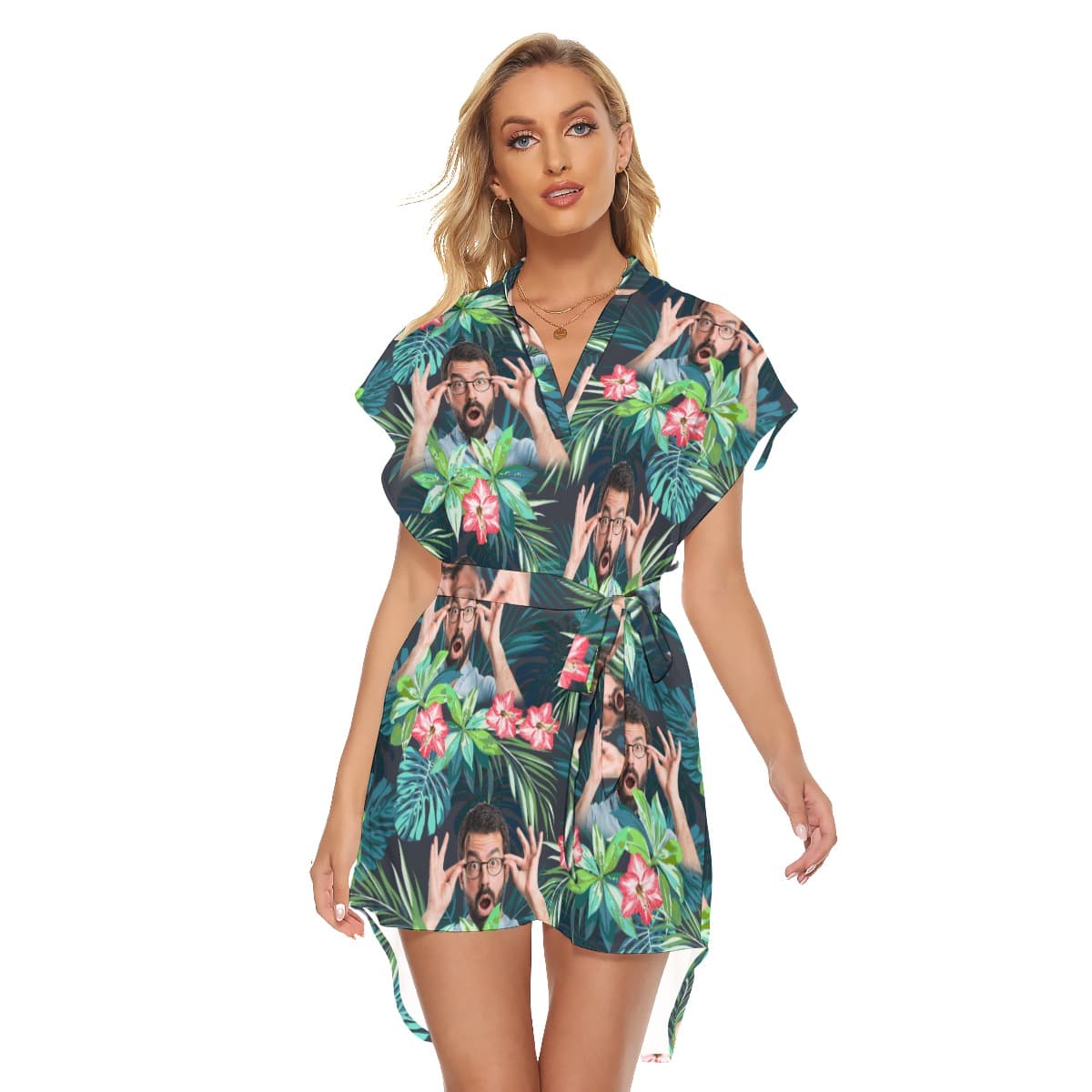 Funny Custom Face Women’s Tropical Flamingo Hawaiian Dress With Belt (1)