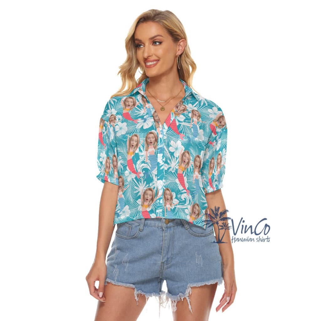 Funny Custom Mermaid Hawaiian Crop Top Shirt With Face