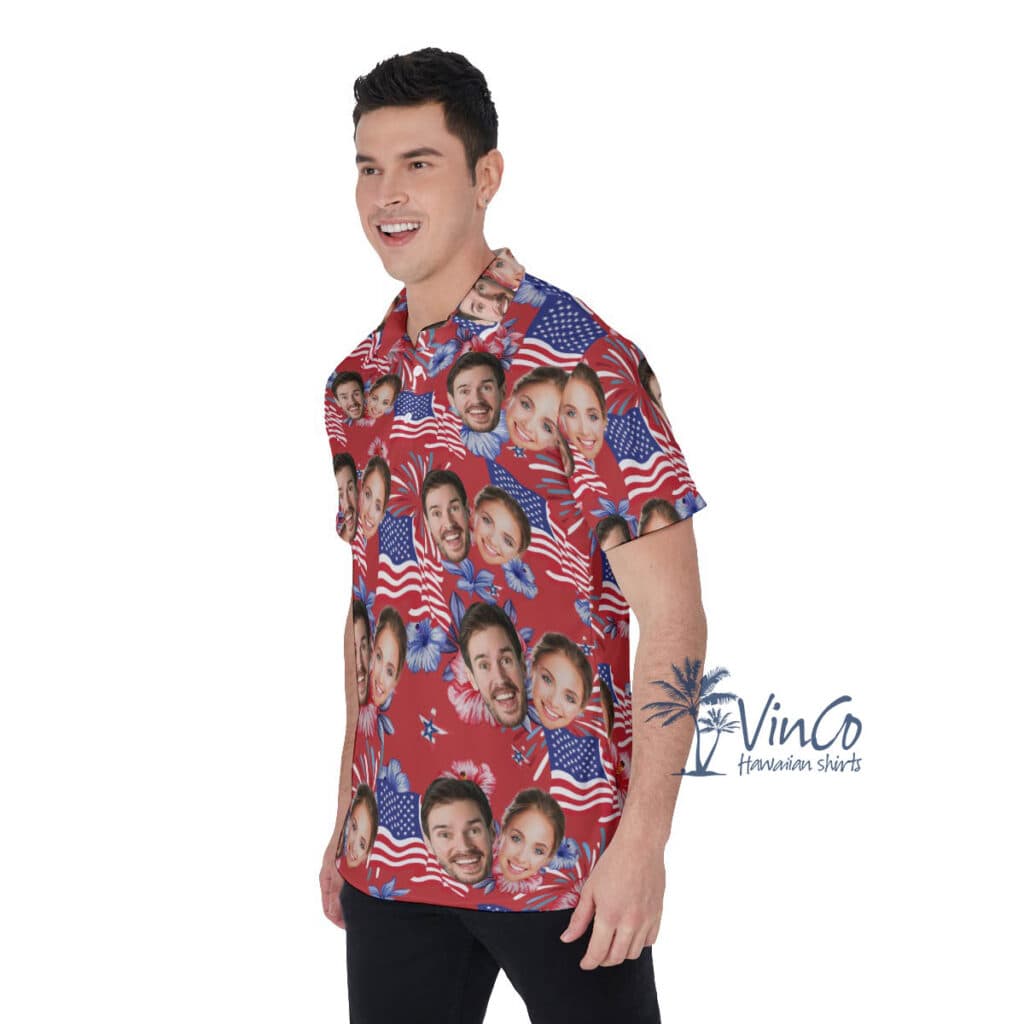 Funny Custom Multiple Face American Flag Red Hawaiian Polo Shirt For Men