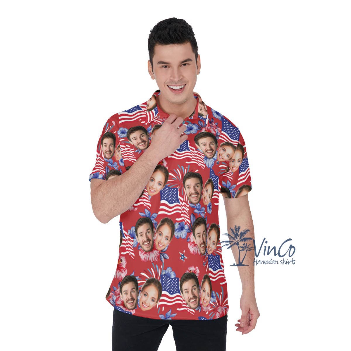Funny Custom Multiple Face American Flag Red Hawaiian Polo Shirt For Men