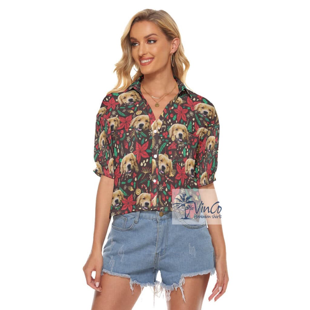 Funny Custom Pet Face Christmas Floral Aloha Crop Top Shirt