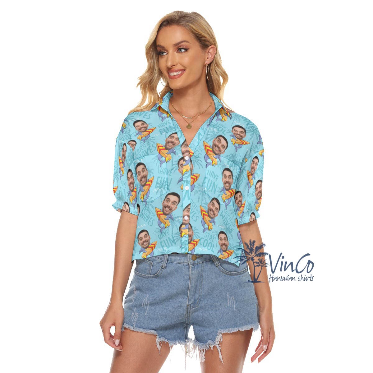 Funny Custom Shark Surfing Hawaiian Crop Top Shirt For Women With Face (4)