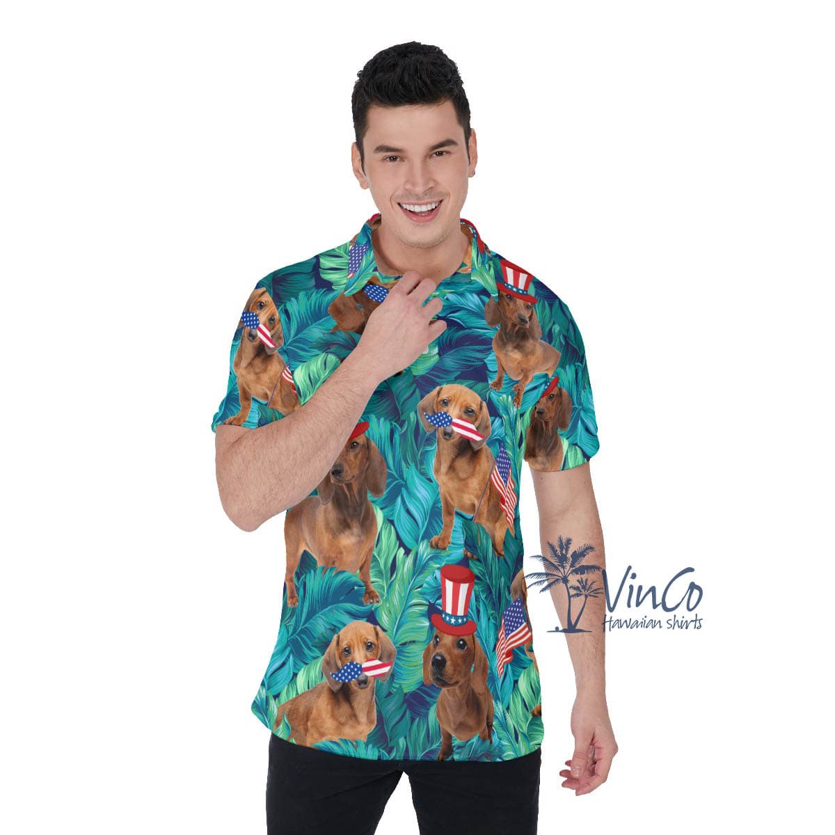 Funny Dachshund With American Hat Hawaiian Polo Shirt For Men