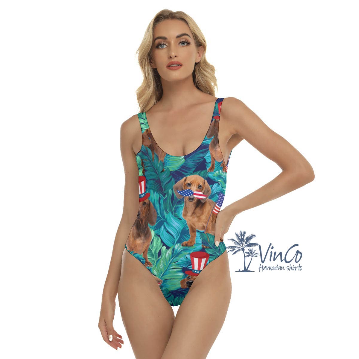 Funny Dachshund With American Hat Tropical Hawaiian Swimsuit For Women