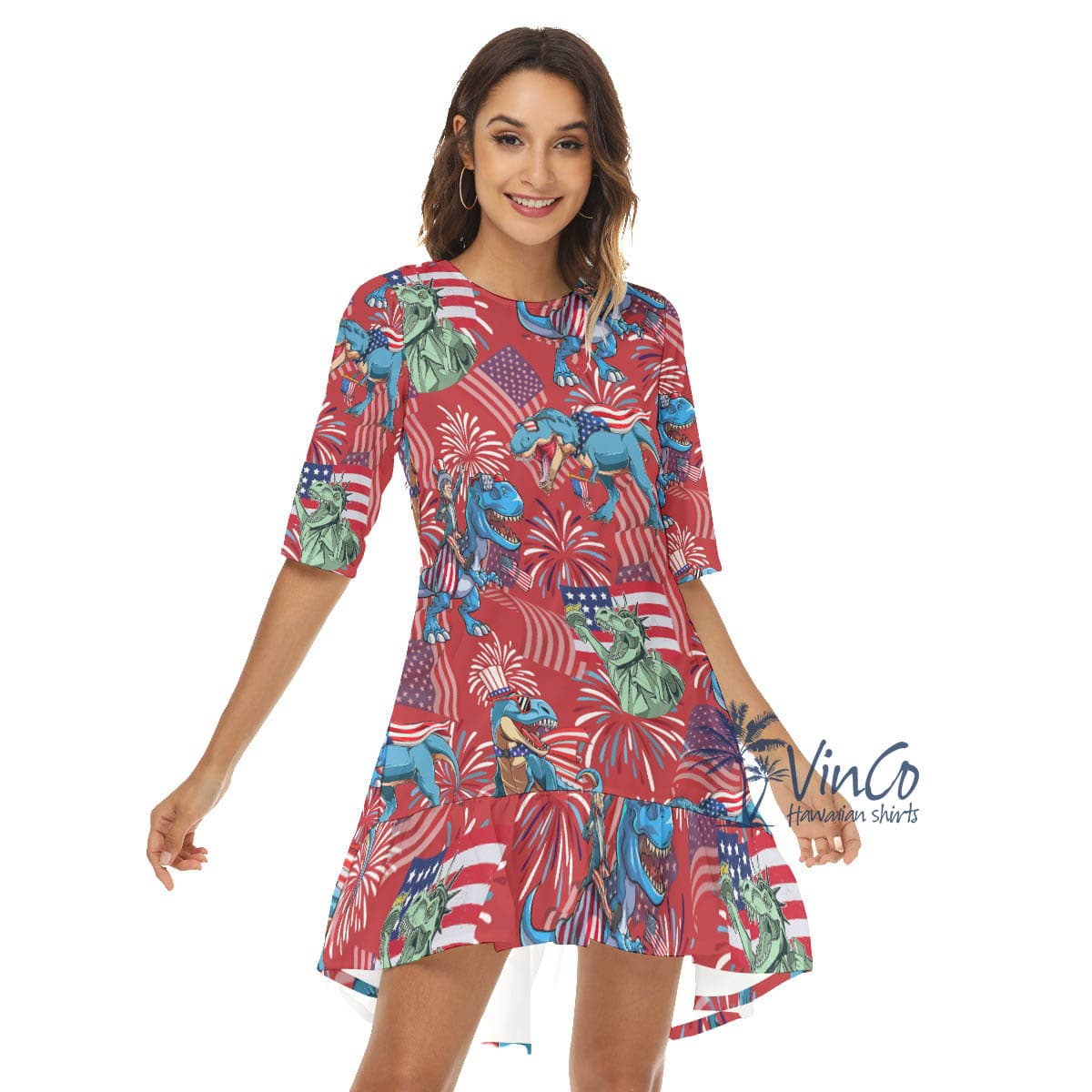 Funny Dinosaur 4th Of July Red Hawaiian Half Sleeve Dress With Ruffle Hem
