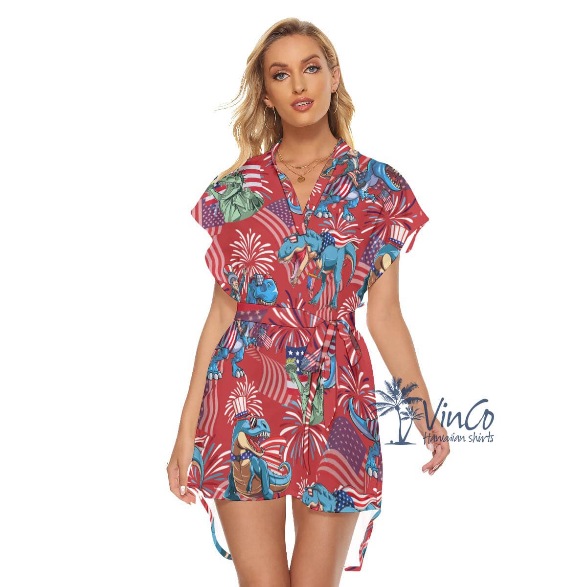 Funny Dinosaur 4th Of July Summer Hawaiian Dresses With Belt (4)