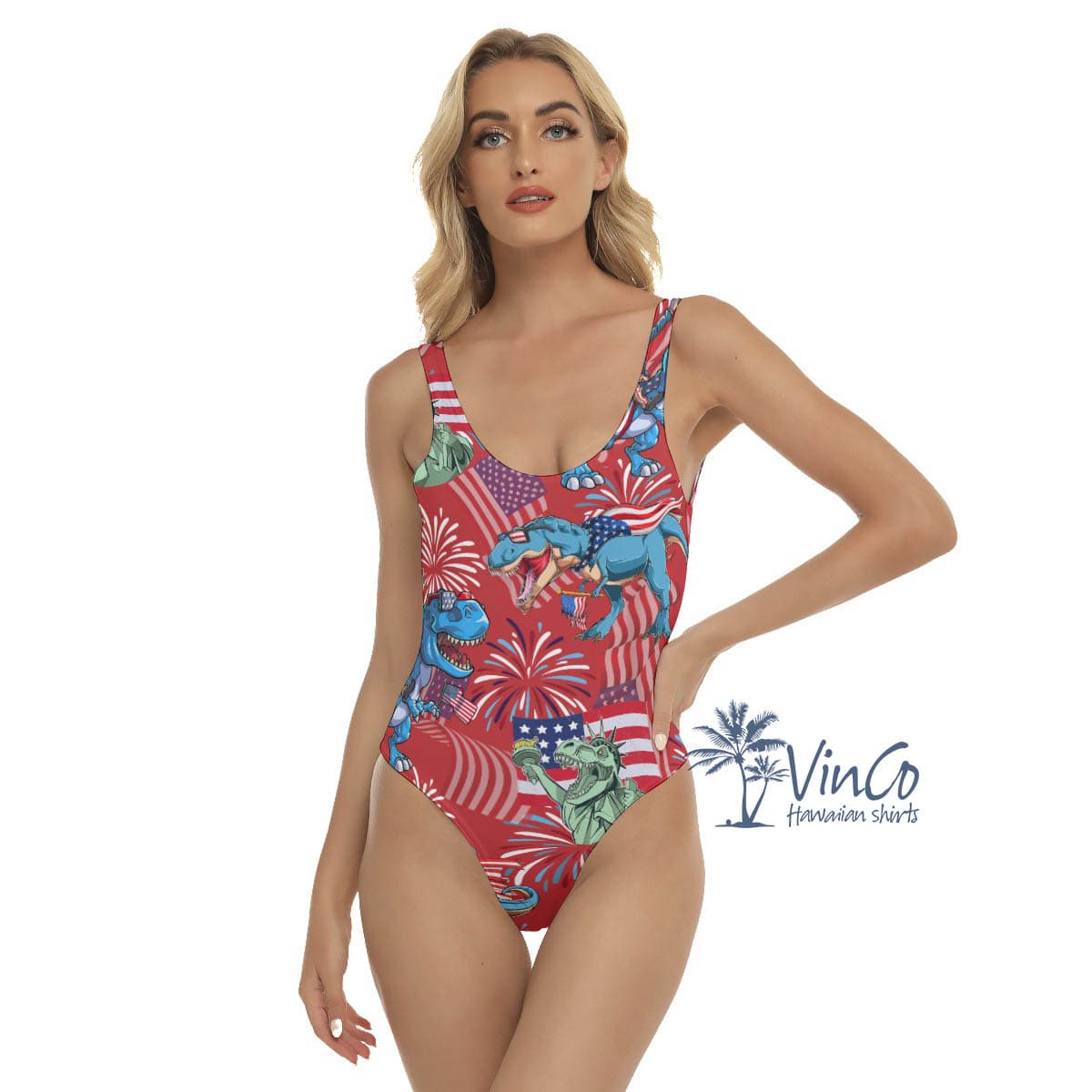 Funny Dinosaur 4th Of July Women's Hawaiian Swimsuit