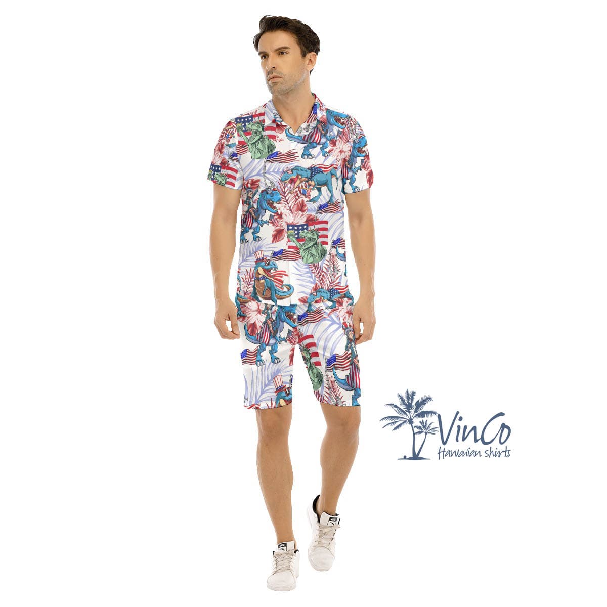 Funny Dinosaur American Flag Floral Hawaiian Shirt And Shorts For Men