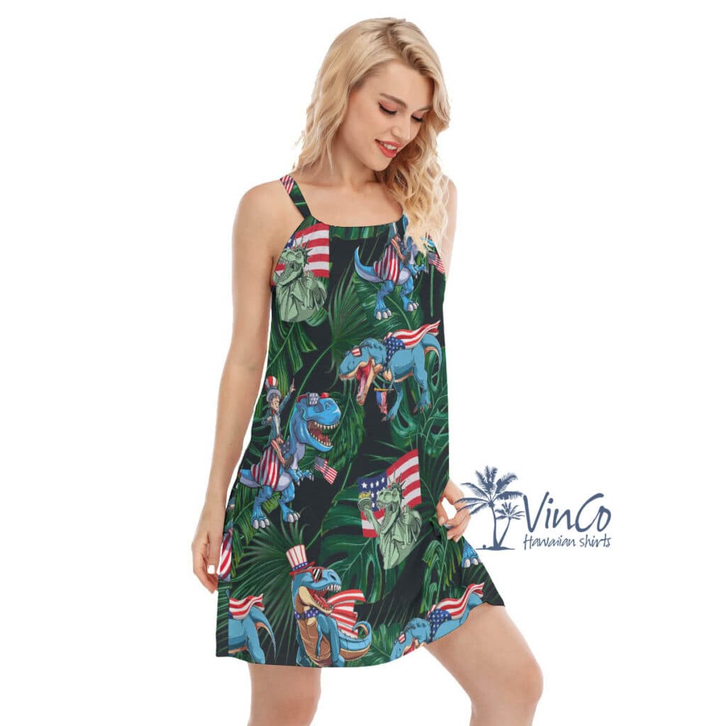 Funny Dinosaur American Flag Hawaiian Dresses For Women