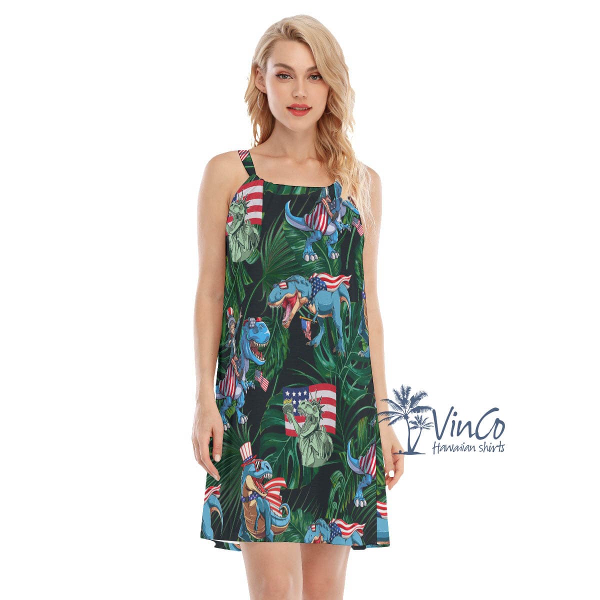 Funny Dinosaur American Flag Hawaiian Dresses For Women (4)