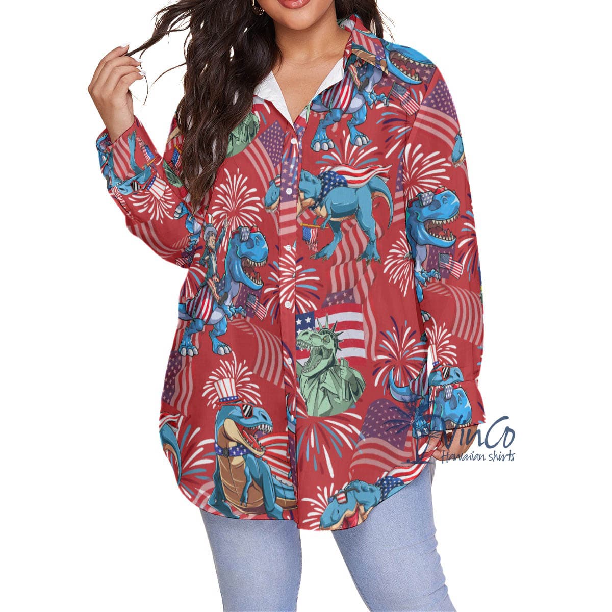 Funny Dinosaur American Flag Hawaiian Plus Size Shirt For Women
