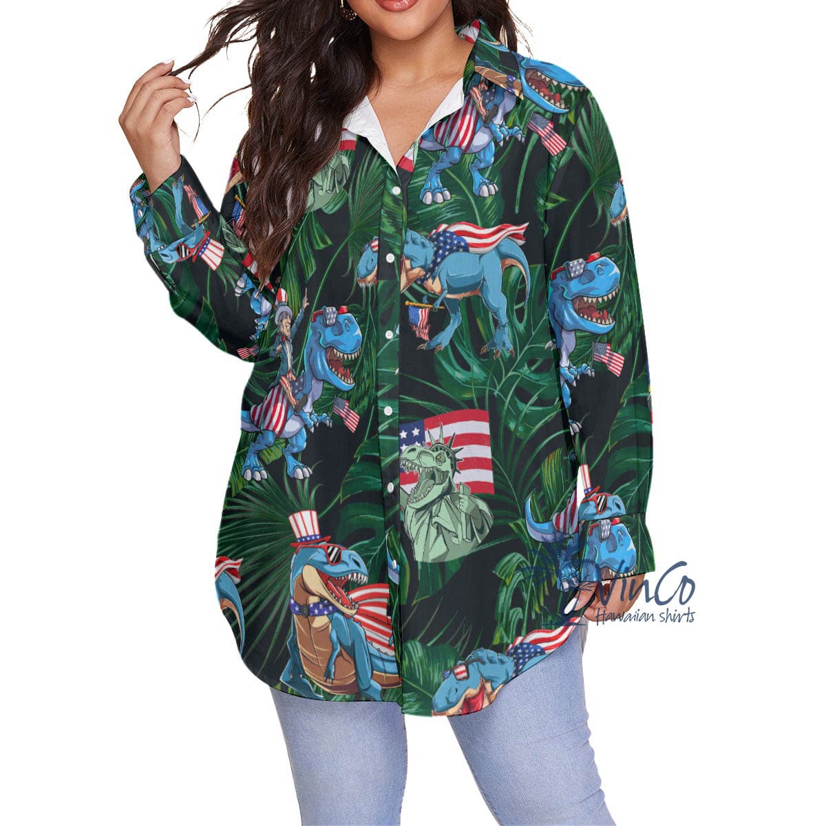 Funny Dinosaur American Flag Tropical Hawaiian Plus Size Shirt For Women