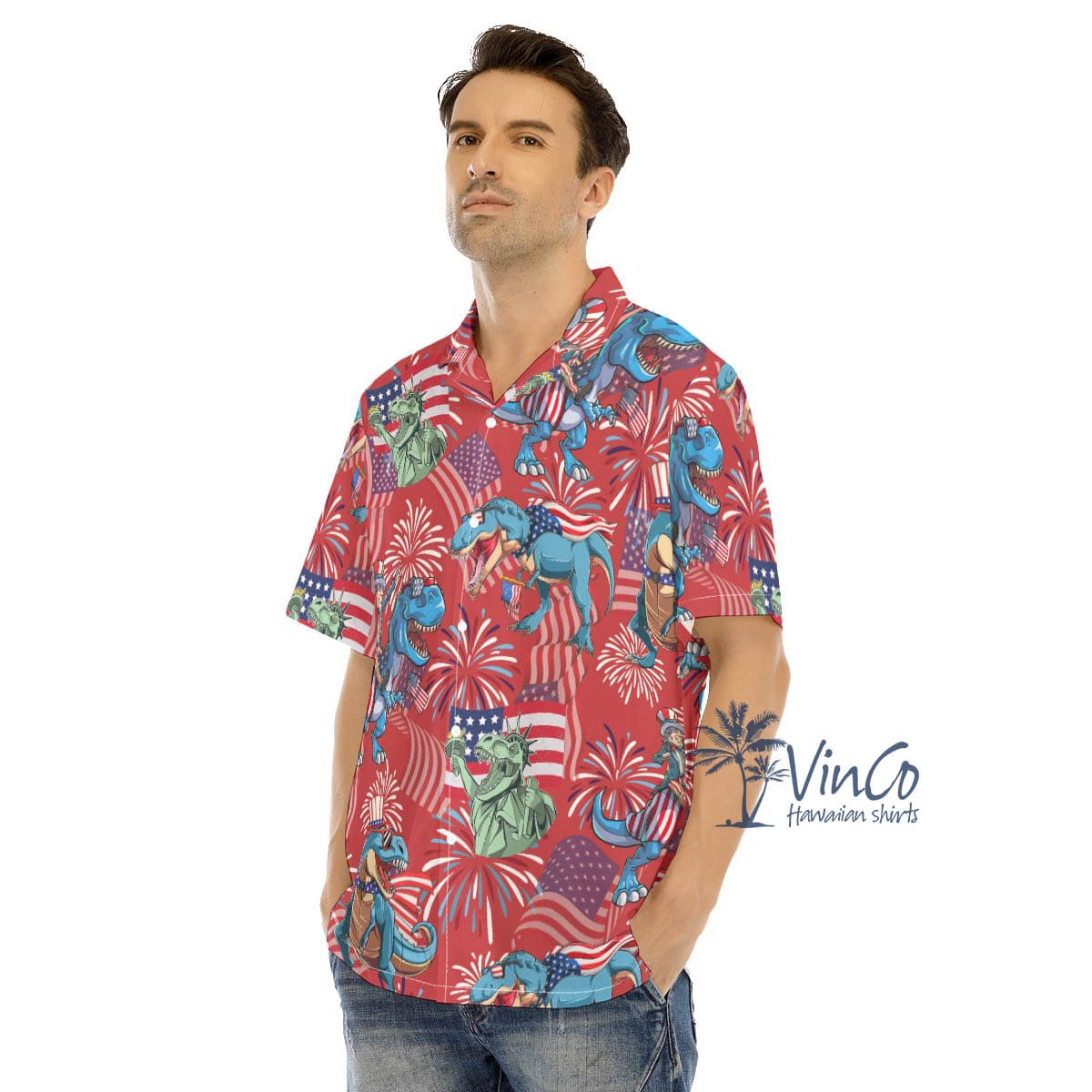 Funny Dinosaur Firework 4th Of July Hawaiian Shirt