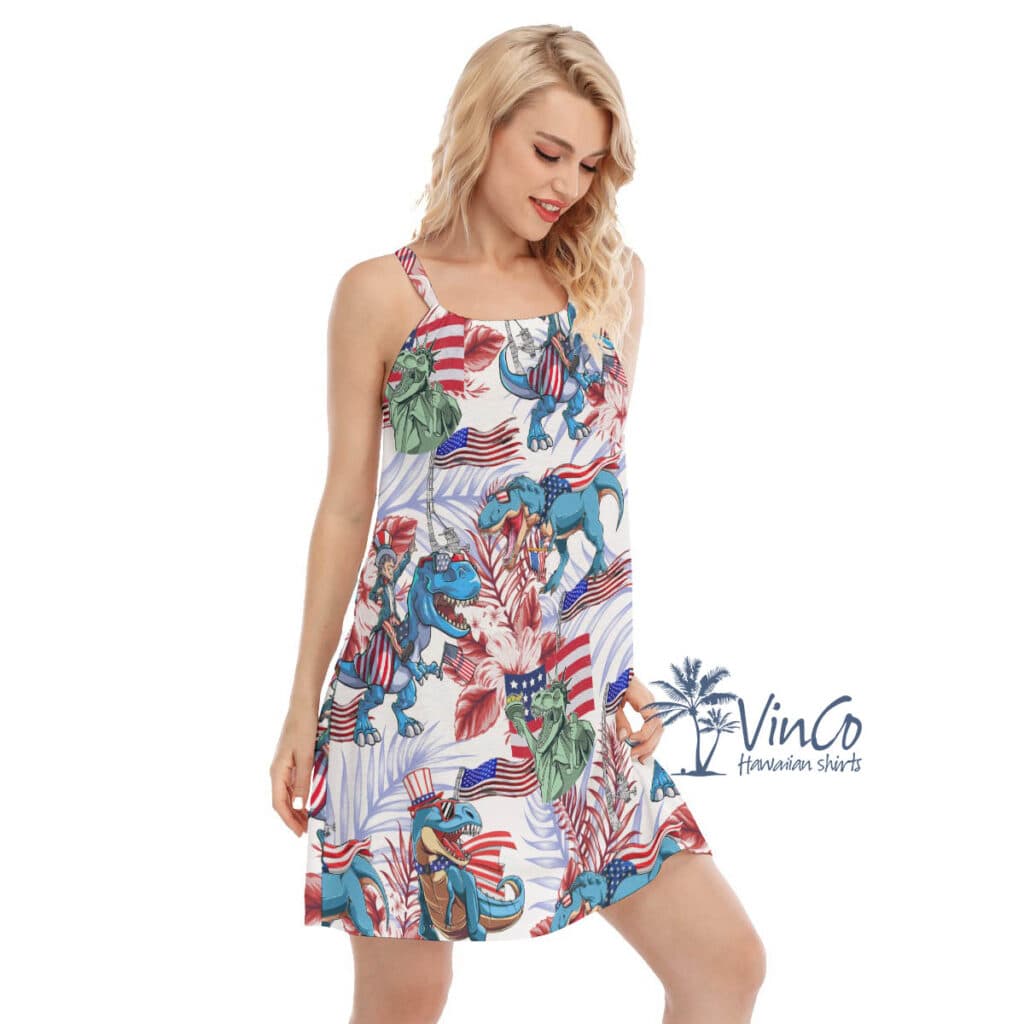 Funny Dinosaur Patriotic Floral Hawaiian Dresses For Women