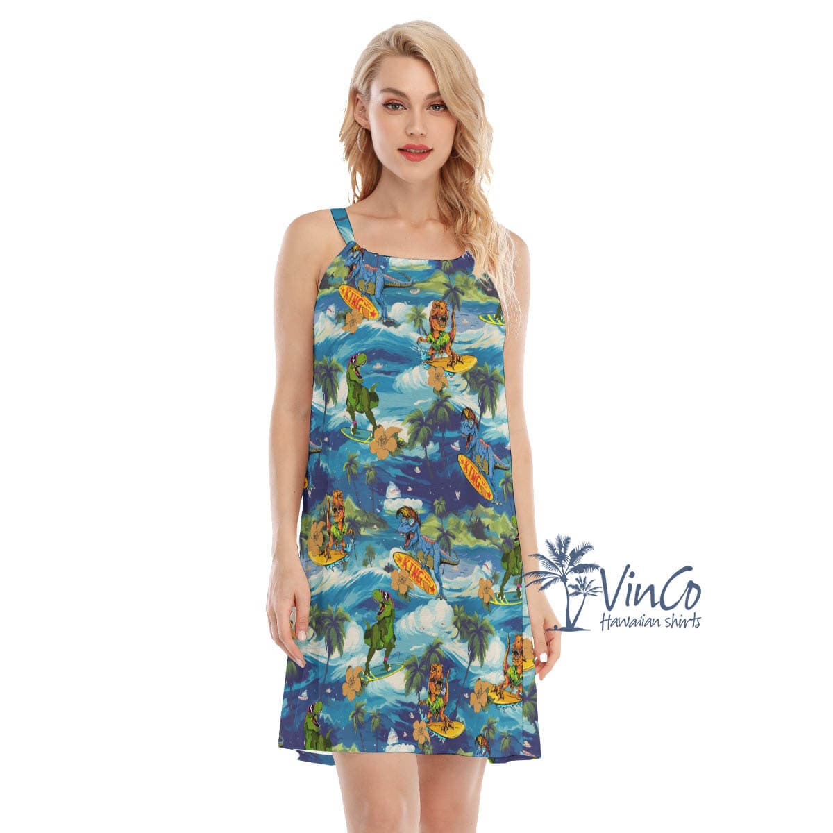 Funny Dinosaur Surfing Tropical Hawaiian Dresses For Women (4)