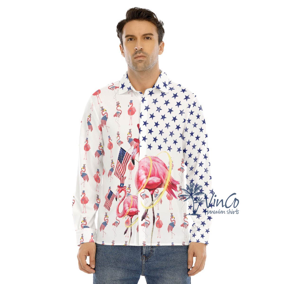 Funny Flamingo 4th Of July Hawaiian Long Sleeve Shirt For Men (1)