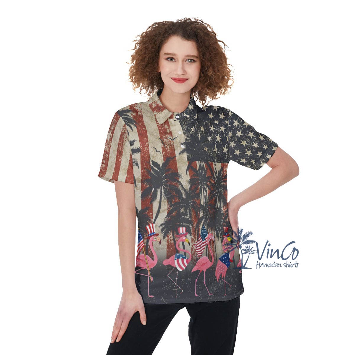 Funny Flamingo American Flag Women's Hawaiian Polo Shirt