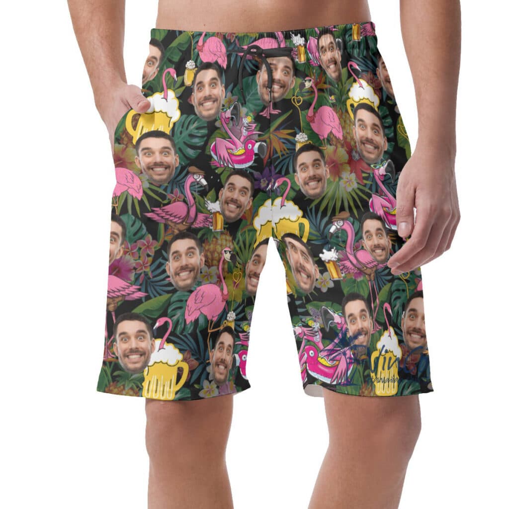 Funny Flamingo Beer Custom Face Hawaiian Beach Shorts For Summer