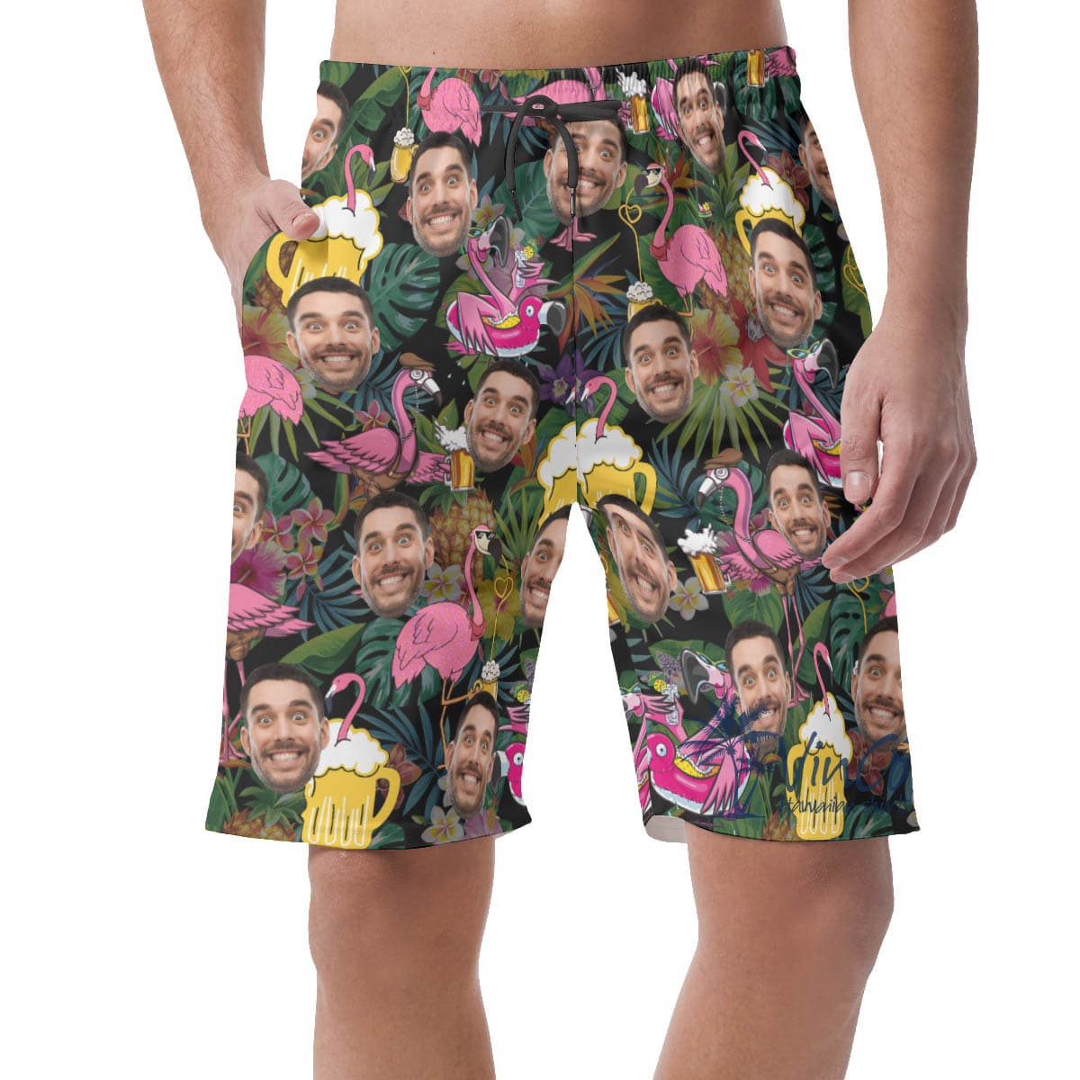 Funny Flamingo Beer Custom Face Hawaiian Beach Shorts For Summer