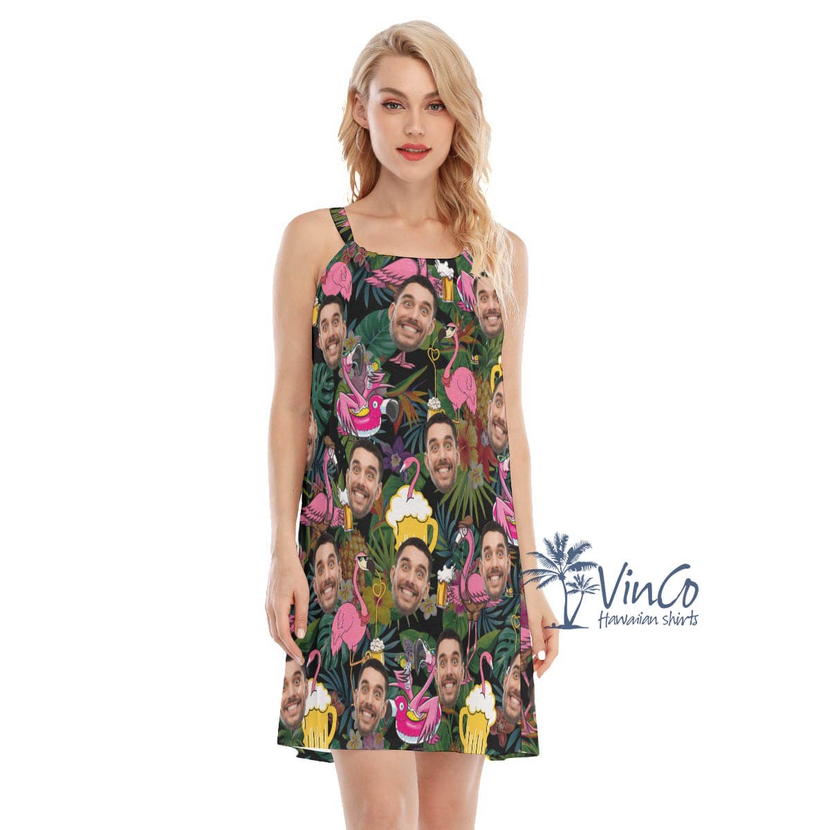 Funny Flamingo Beer Custom Face Hawaiian Dresses For Women (3)