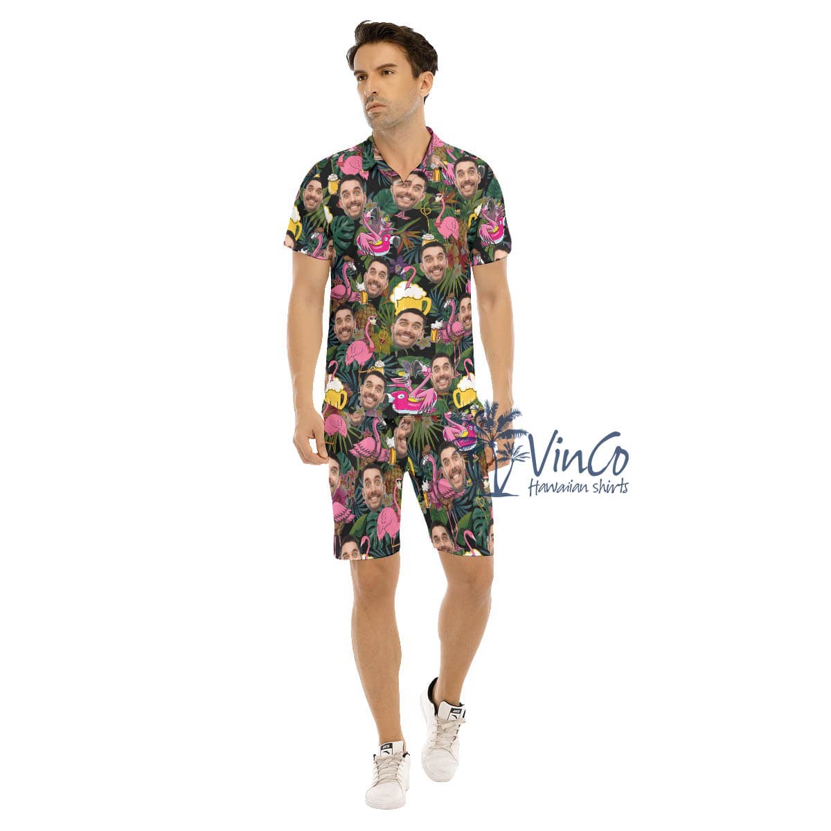 Funny Flamingo Beer Custom Face Hawaiian Shirt And Matching Shorts For Men (1)