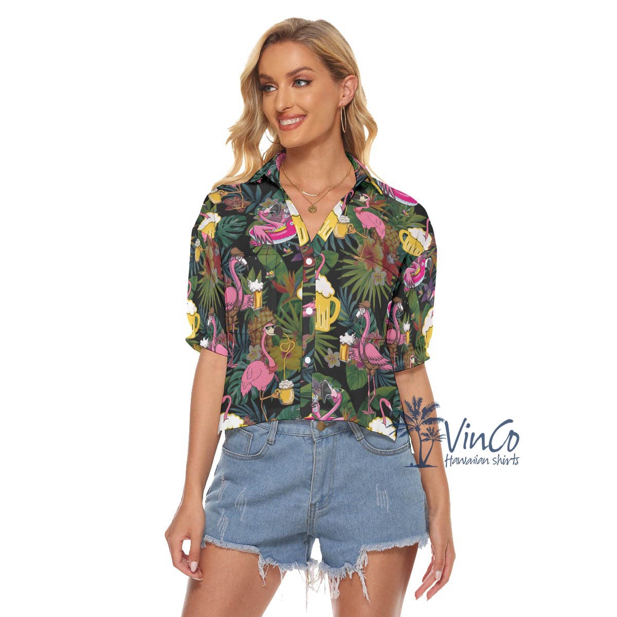 Funny Flamingo Beer Tropical Hawaiian Cropped Shirt For Women
