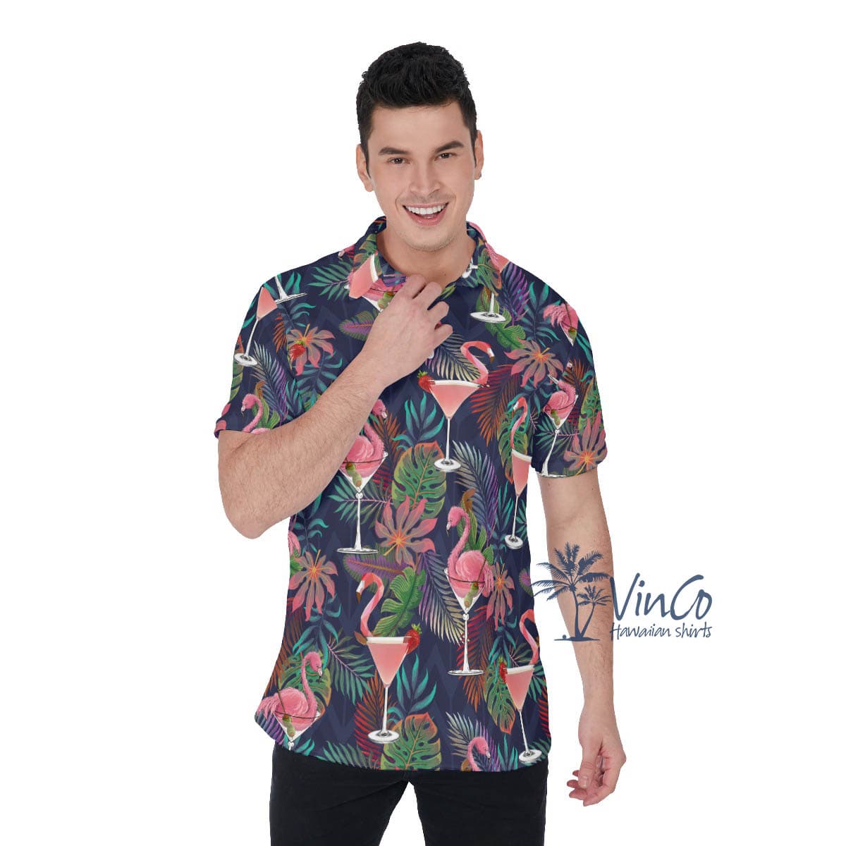 Funny Flamingo Cocktails Tropical Hawaiian Polo Shirt