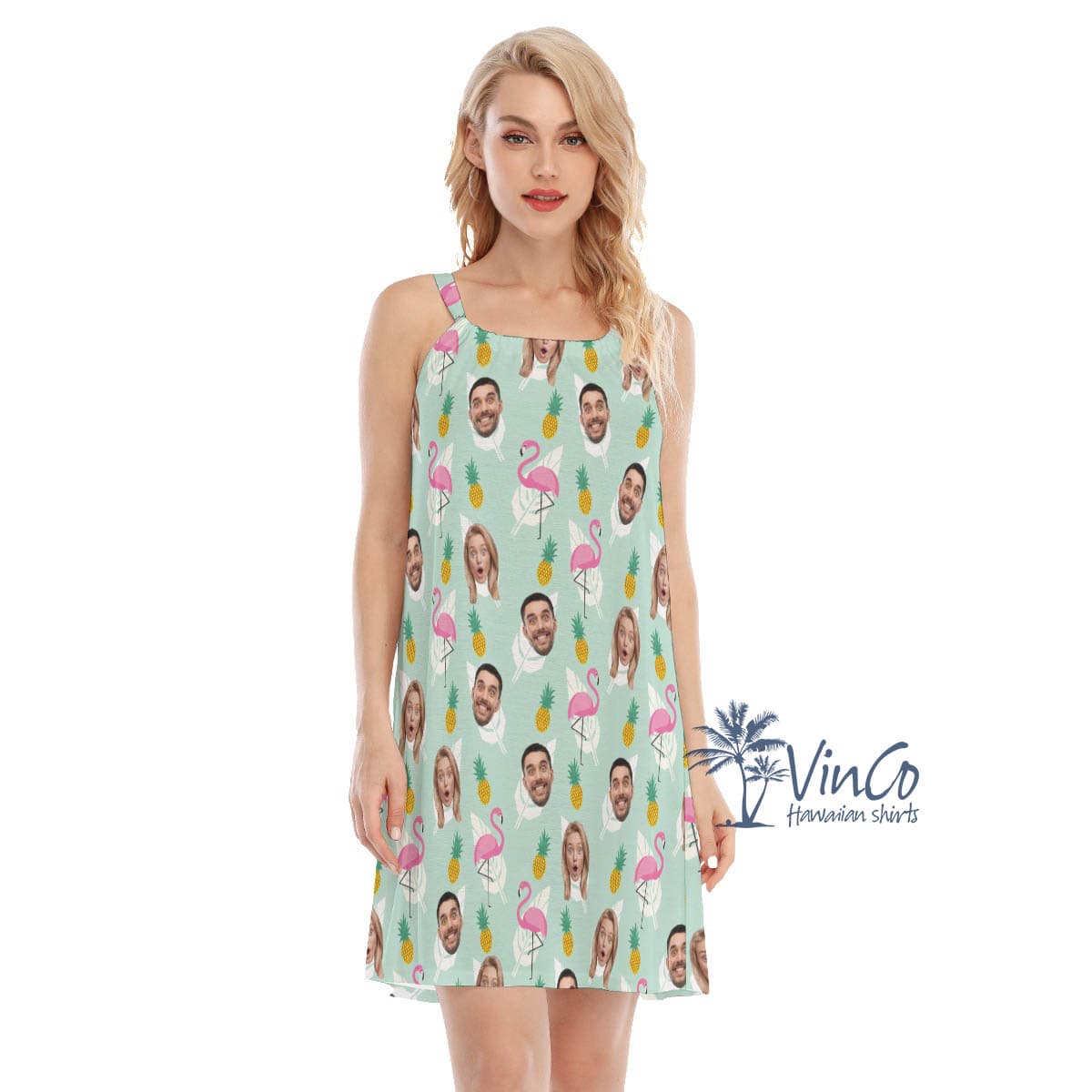 Funny Flamingo Hawaiian Cami Dress With Custom Face (2)